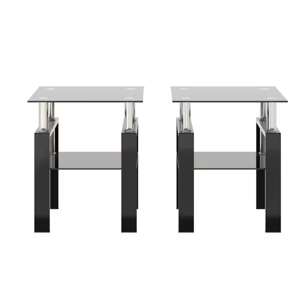 2-Piece Black Modern Tempered Glass Tea Table End Table with Black Legs for Living Room