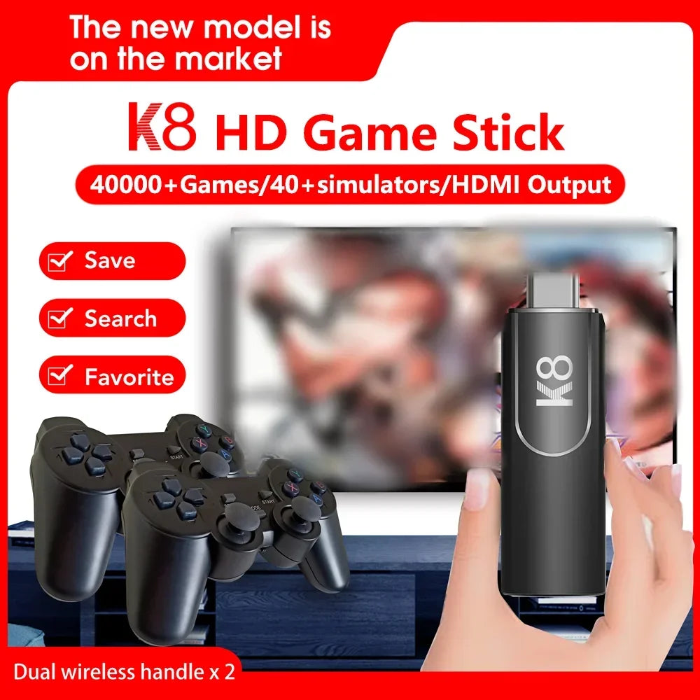 K8 Game Stick 4K HD Retro Video Game Console 64G 40000+ Games 40+Simulators Dual Wireless 2.4G Controller Console for Kids Gift