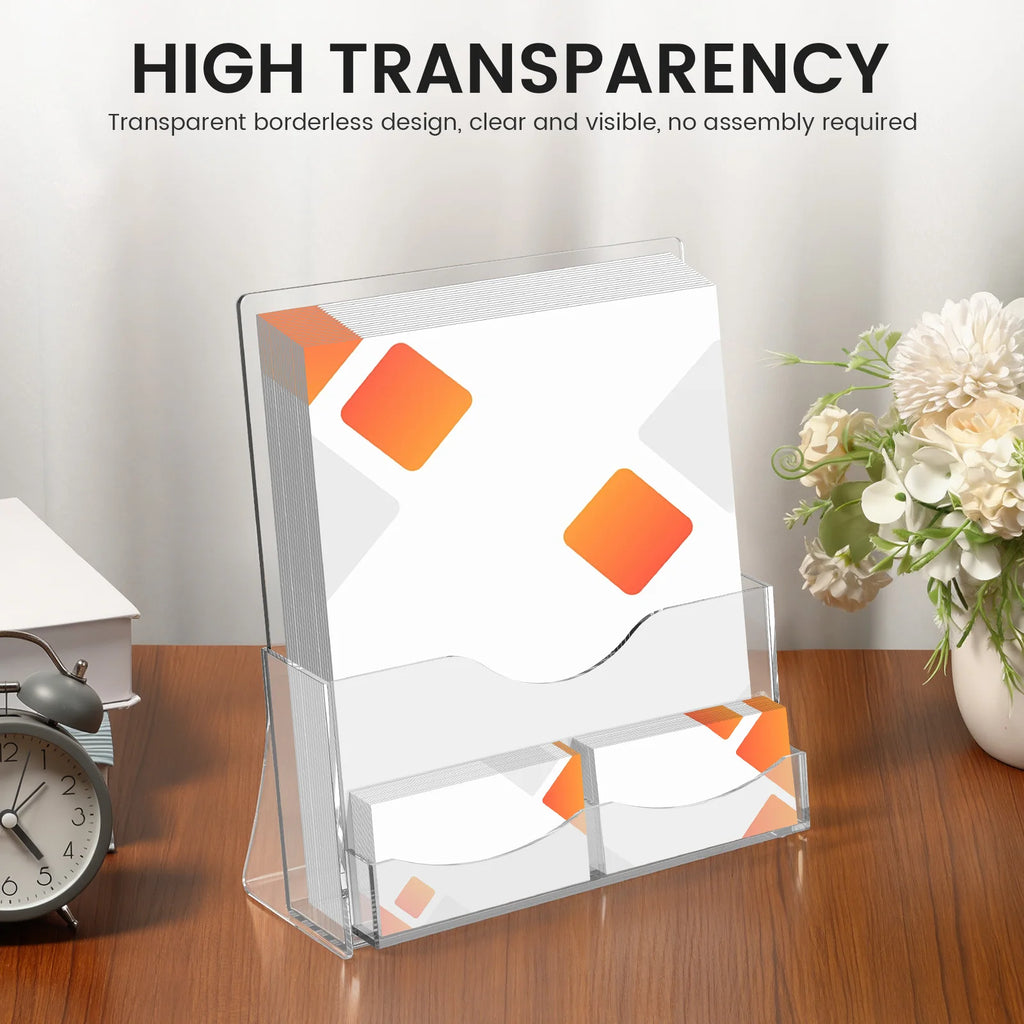 2Pcs Acrylic Brochure Holder Clear Flyer Holder Brochure Display Stand with Business Card Holder for Magazine Journals Booklets