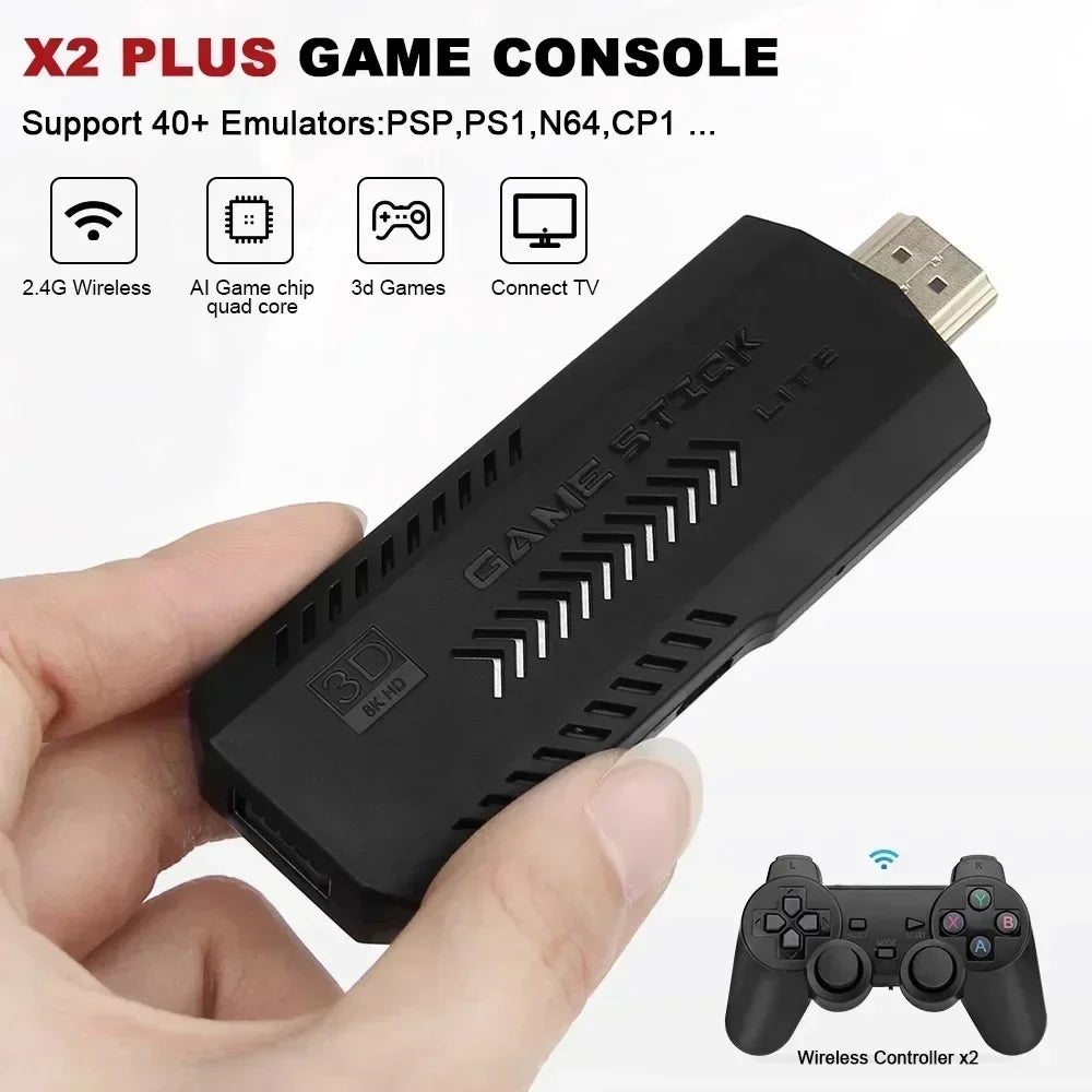 X2 plus Game Stick 4K HD 2.4G Retro Video Game Console Wireless Controller TV 50 Emulator for PS1/N64/DC 128G Games