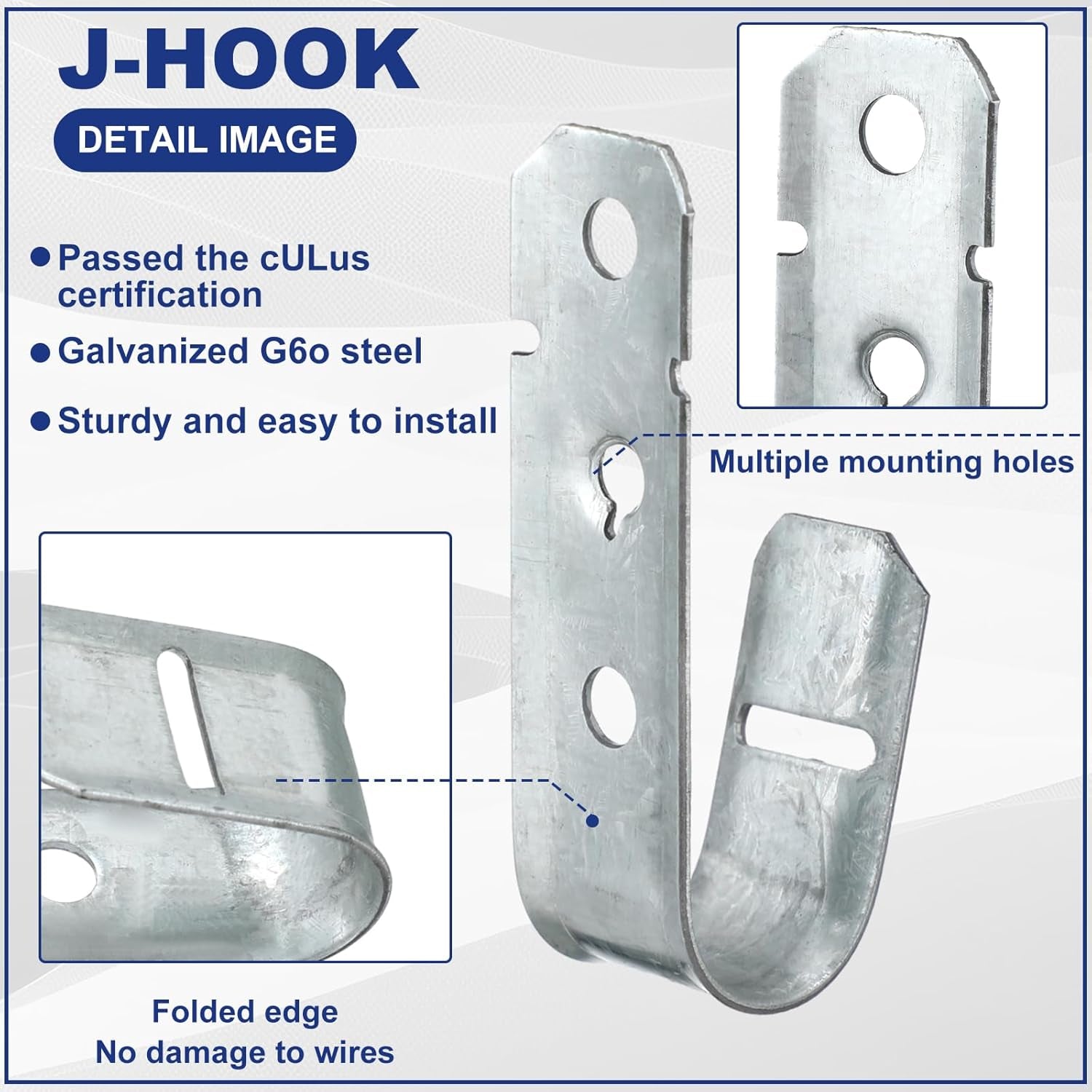 100 Pcs Heavy Duty J-Hook Cable Supports, Galvanized Steel Wall Hooks