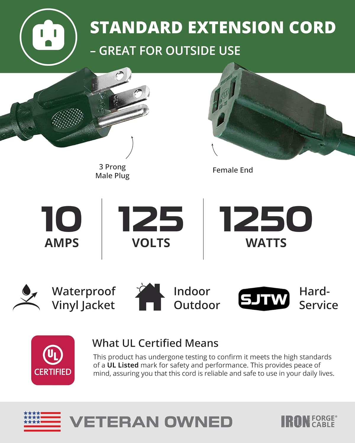 Green Outdoor Extension Cord 100 FT - 16/3 SJTW Weatherproof Long Extension Cord for outside with 3 Prong - 16 Gauge 100 Foot for Yard, Gardens, Landscaping - UL Listed