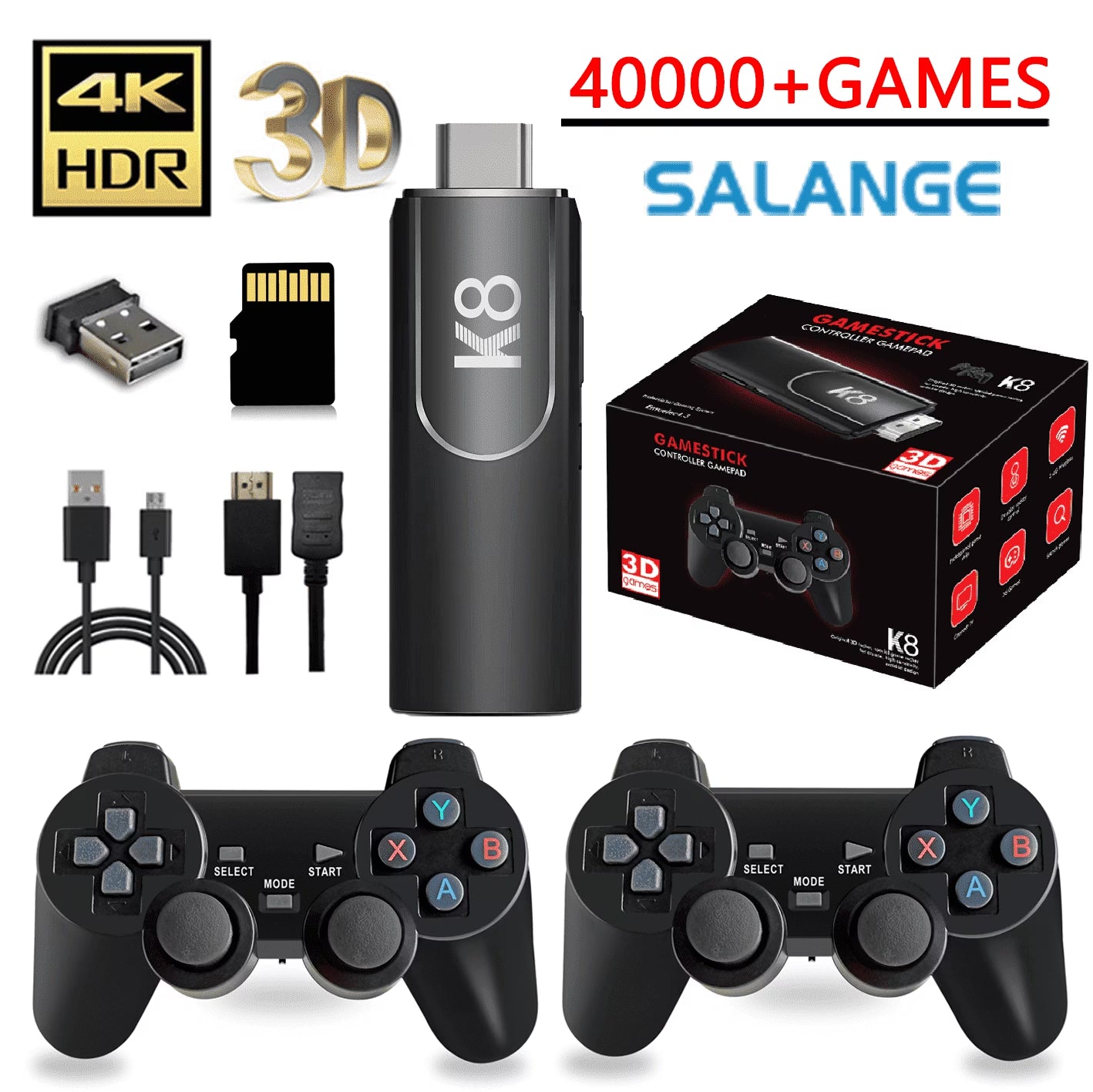 K8 2.4G Wireless Controllers External Retro Game Stick. 64G, Black