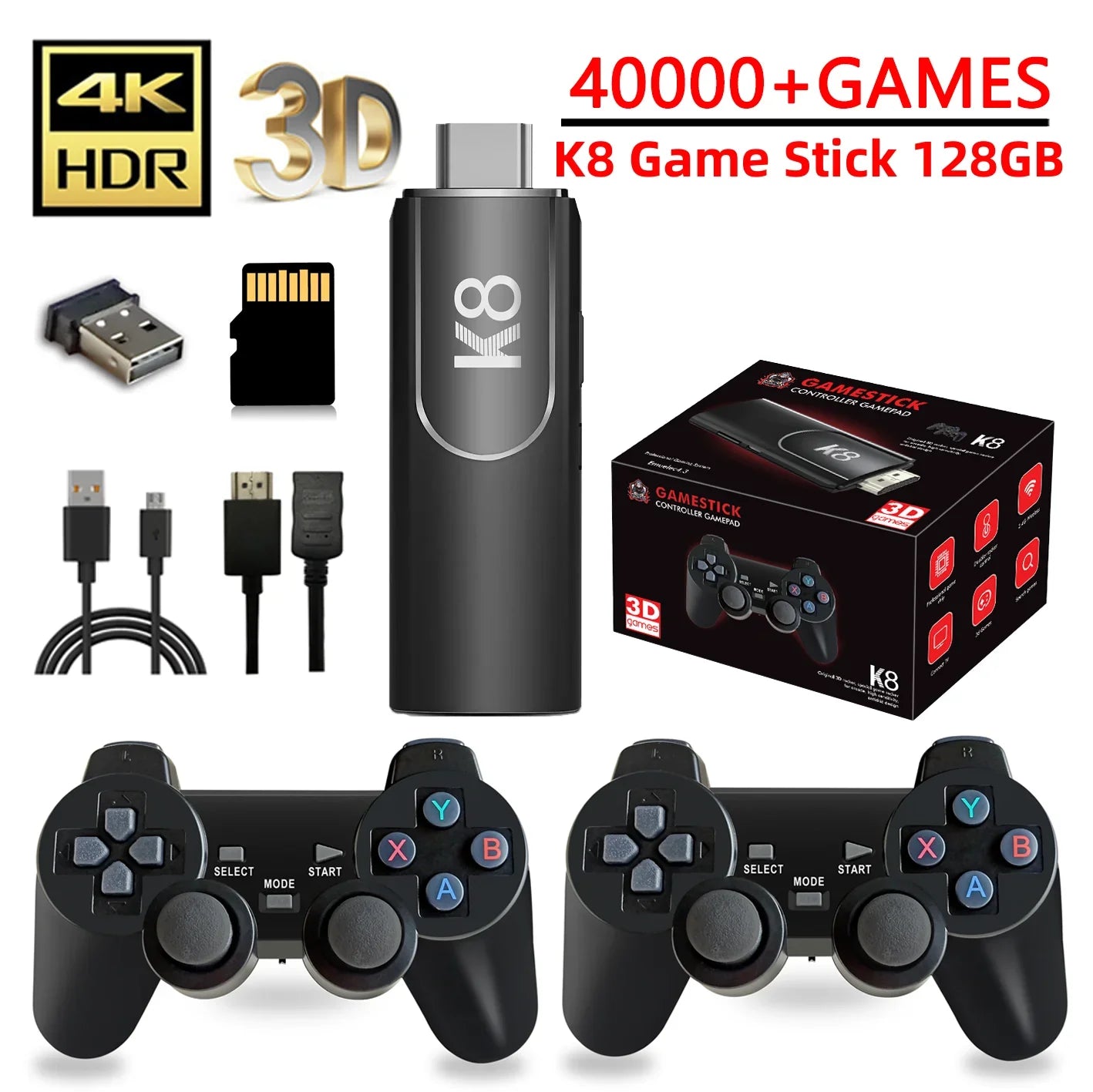 K8 Game Stick 64G 4K HD Video Game Console 40+Simulators Dual Wireless 2.4G Controller Retro Console 10000 Games for Kids Gift
