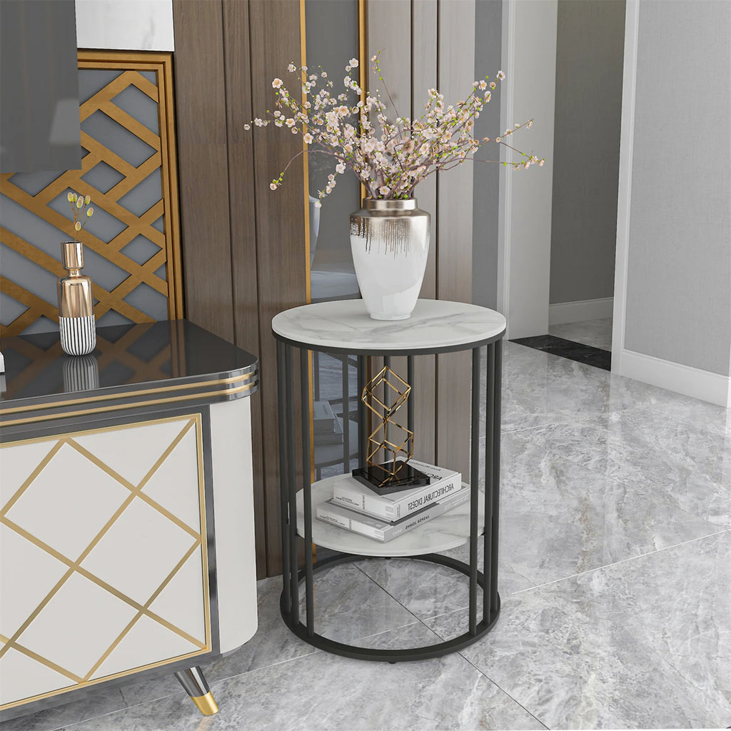 2 Tier Sintered Stone End Table round White Sofa Side Tablesmall Coffee Table with Black Frame - Modern Bedside Nightstand