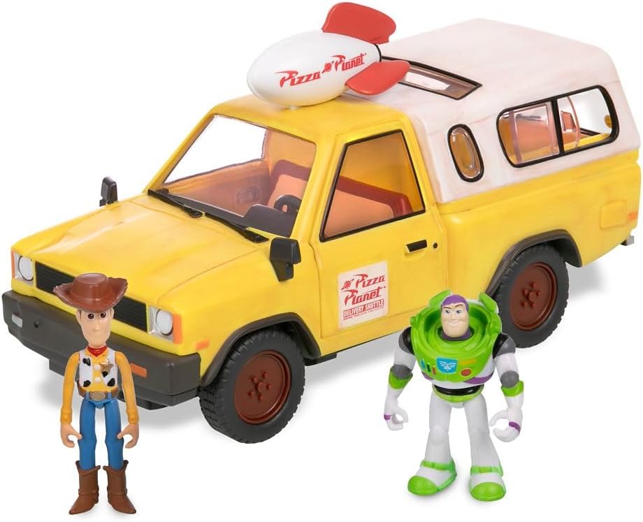 Official Pizza Planet Truck with Lights & Sounds - Toy Story Action Figures Set Includes Woody & Buzz Lightyear, Movable Parts, Light up Features & Vehicle Sounds
