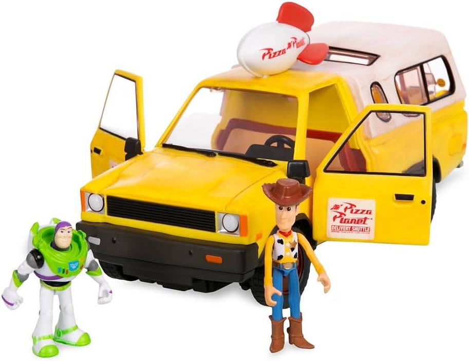 Official Pizza Planet Truck with Lights & Sounds - Toy Story Action Figures Set Includes Woody & Buzz Lightyear, Movable Parts, Light up Features & Vehicle Sounds