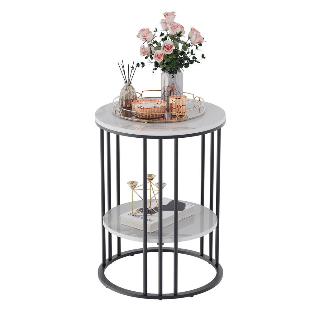 2 Tier Sintered Stone End Table round White Sofa Side Tablesmall Coffee Table with Black Frame - Modern Bedside Nightstand