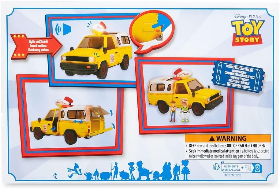 Official Pizza Planet Truck with Lights & Sounds - Toy Story Action Figures Set Includes Woody & Buzz Lightyear, Movable Parts, Light up Features & Vehicle Sounds