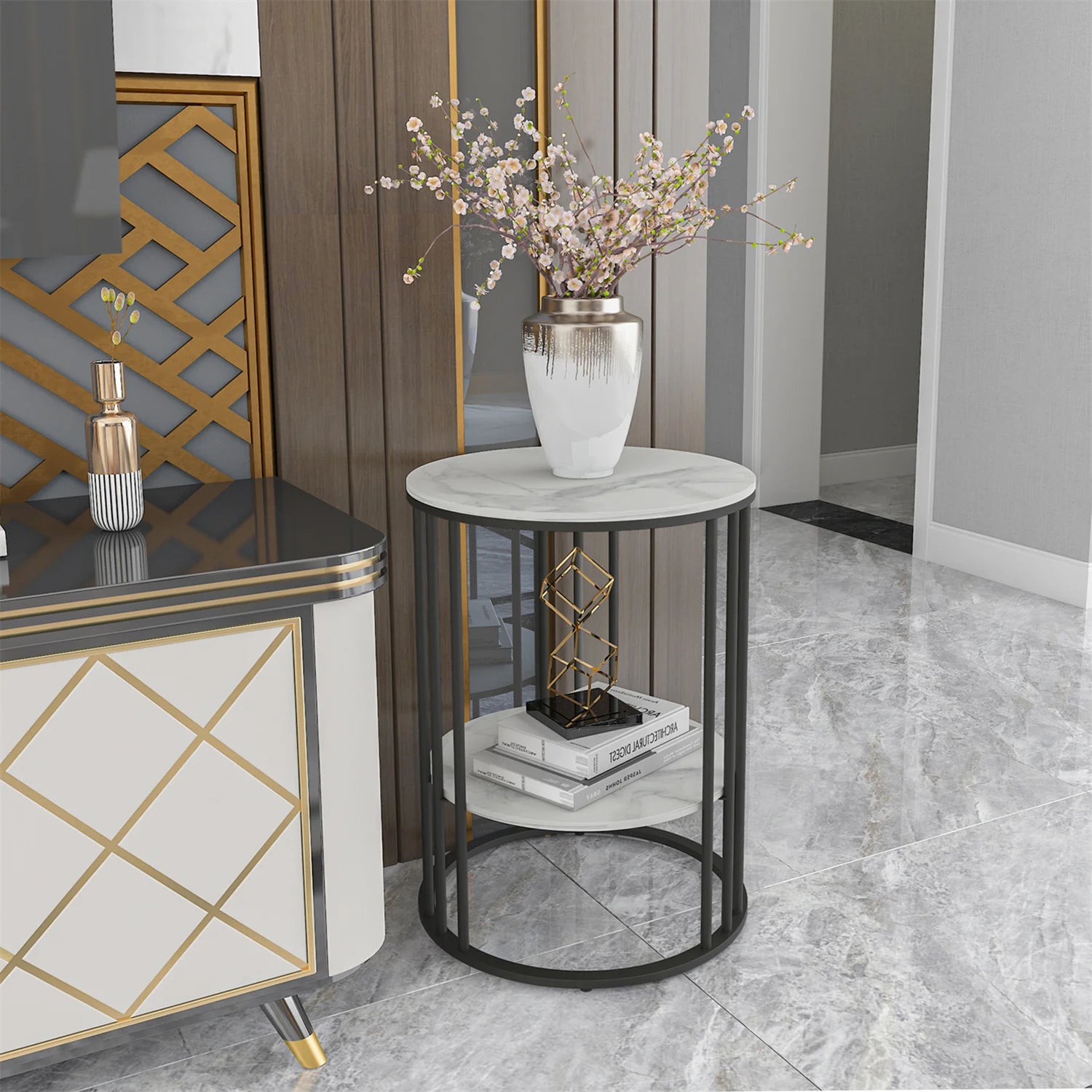 2 Tier Sintered Stone End Table round White Sofa Side Tablesmall Coffee Table with Black Frame - Modern Bedside Nightstand