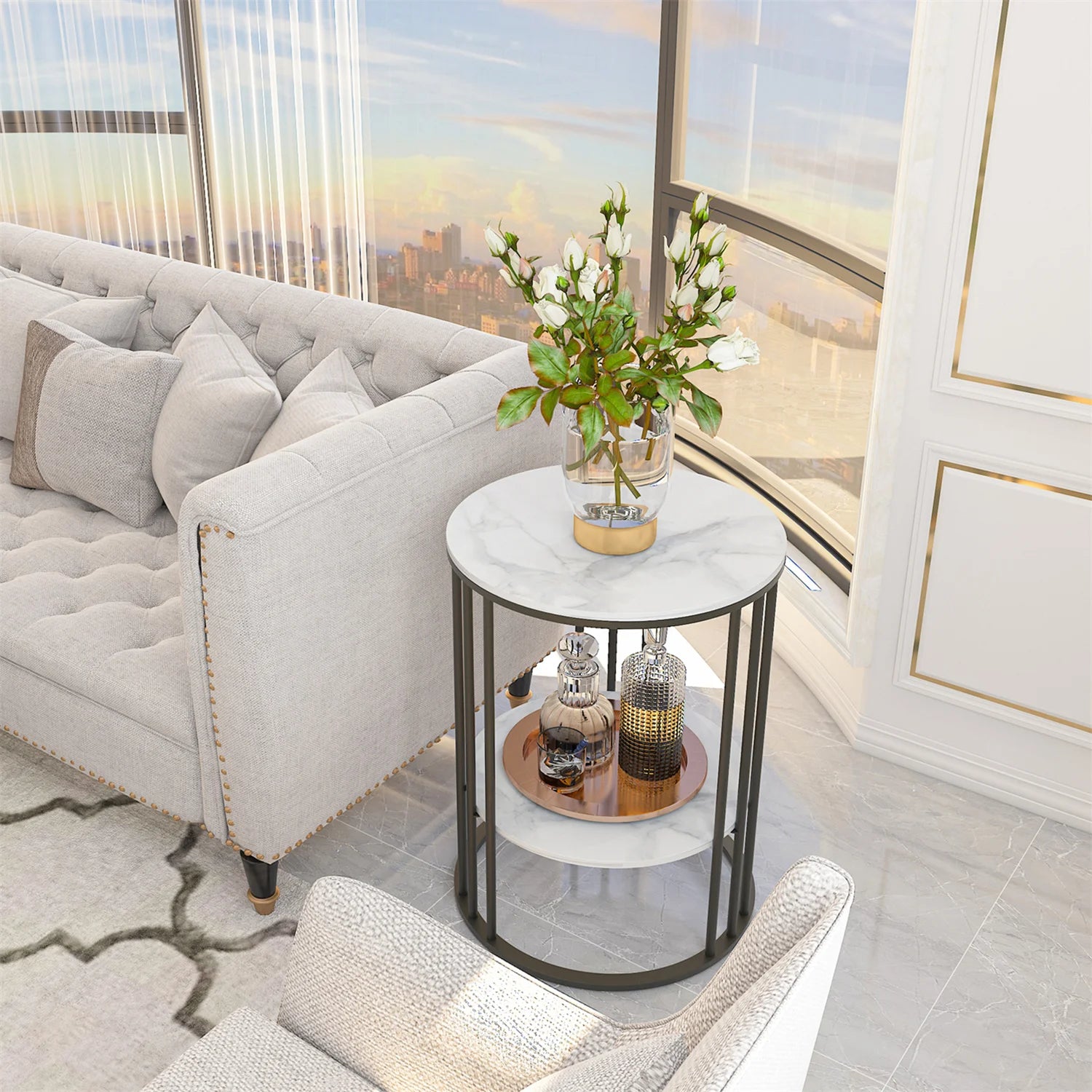 2 Tier Sintered Stone End Table round White Sofa Side Tablesmall Coffee Table with Black Frame - Modern Bedside Nightstand