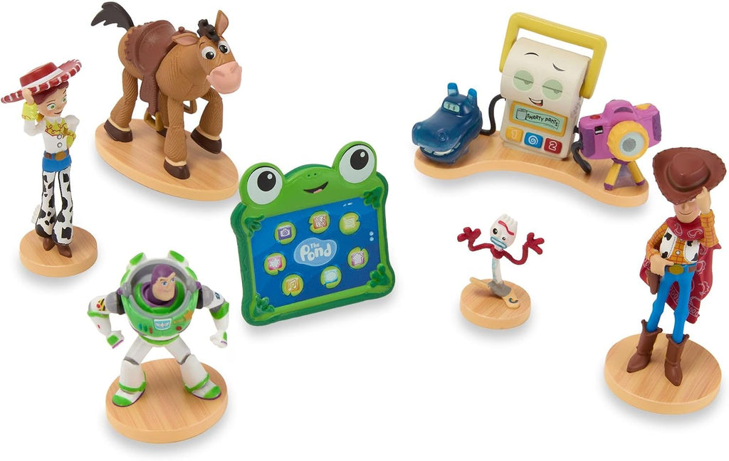 Official Toy Story 5 Figure Set –7 Fully Sculpted Disney Figures Including Woody, Buzz, Forky, Lilypad, Bullseye, Jessie & Tech Trio in Double-Tiered Box with Scenic Backgrounds