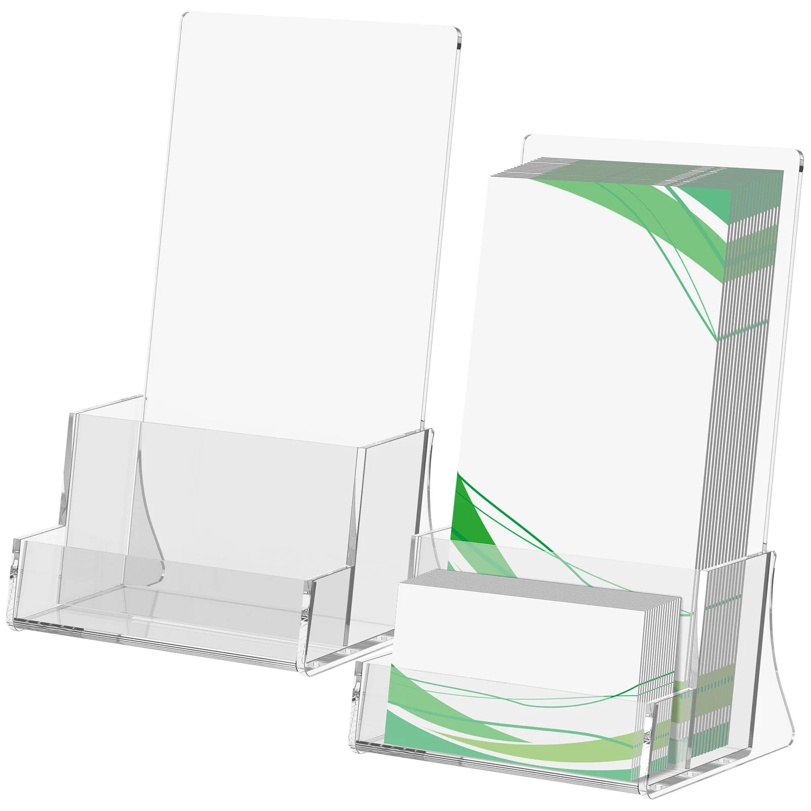 2Pcs Acrylic Brochure Holder Clear Flyer Holder Brochure Display Stand with Business Card Holder for Magazine Journals Booklets