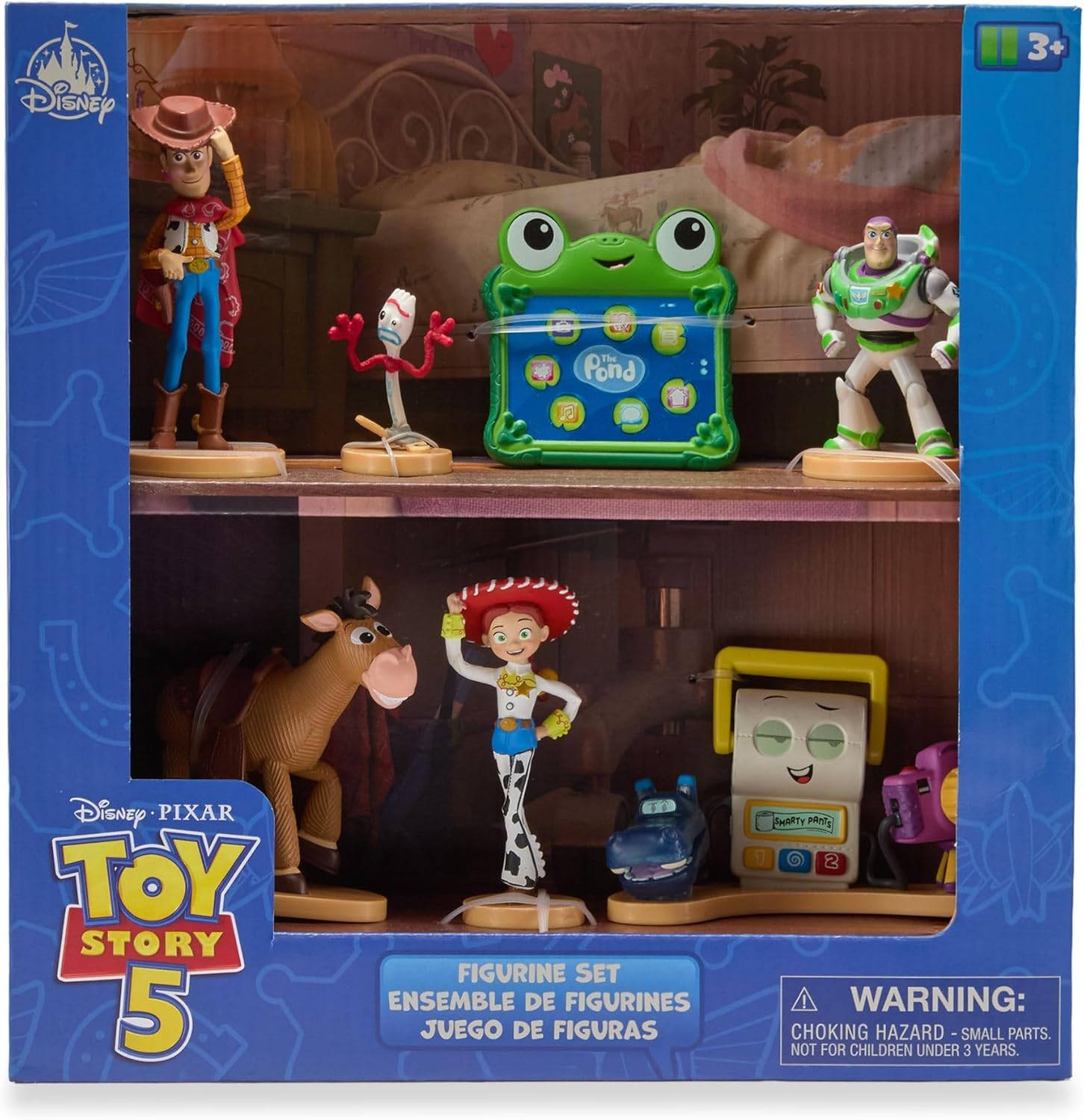 Official Toy Story 5 Figure Set –7 Fully Sculpted Disney Figures Including Woody, Buzz, Forky, Lilypad, Bullseye, Jessie & Tech Trio in Double-Tiered Box with Scenic Backgrounds