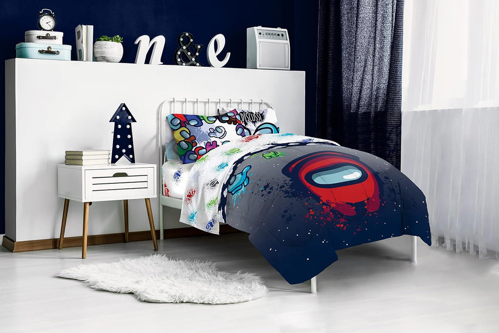among Us Space Splatter 5 Piece Full Size Bed Set - Includes Comforter & Sheet Set - Super Soft Fade Resistant Microfiber (Official among Us Product)