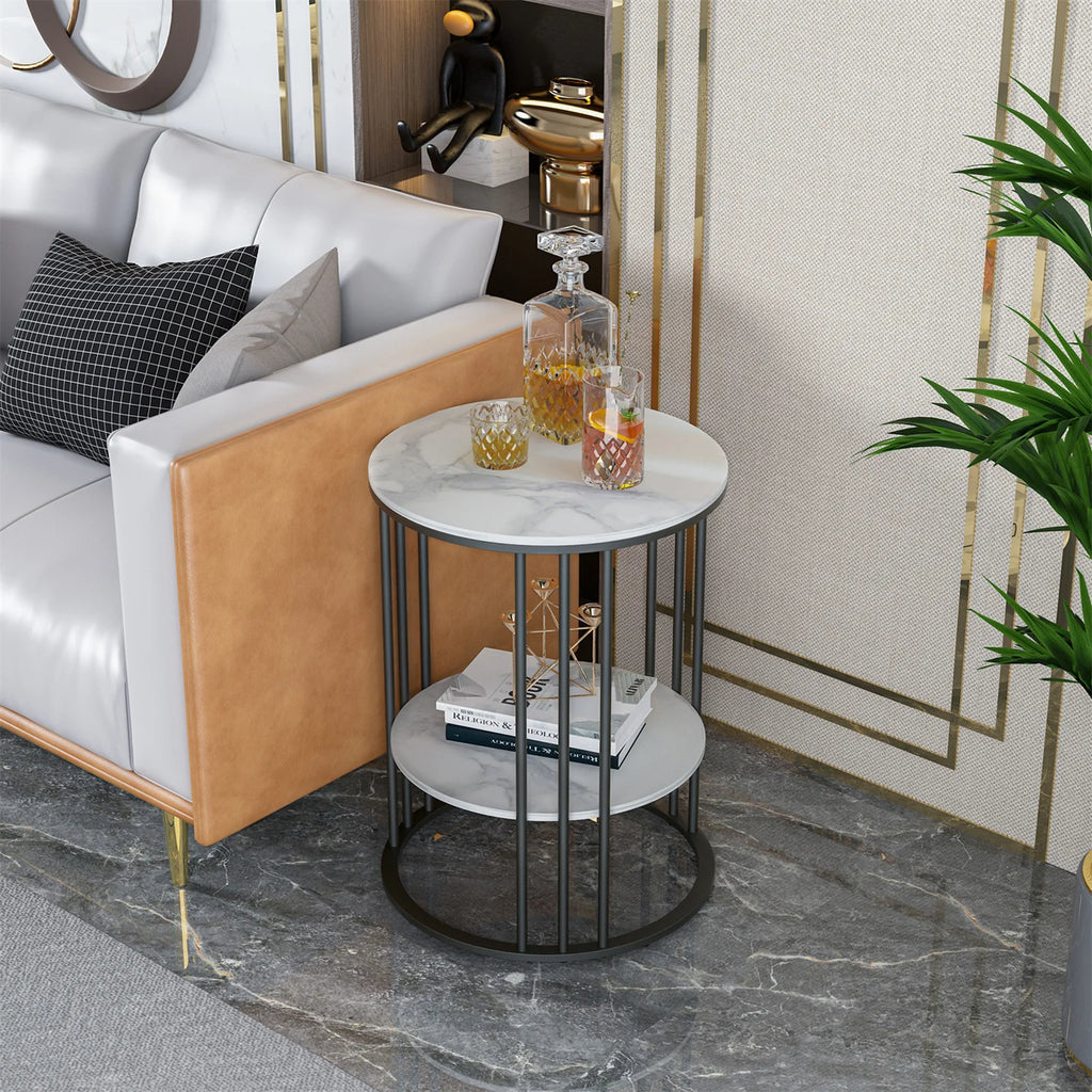 2 Tier Sintered Stone End Table round White Sofa Side Tablesmall Coffee Table with Black Frame - Modern Bedside Nightstand