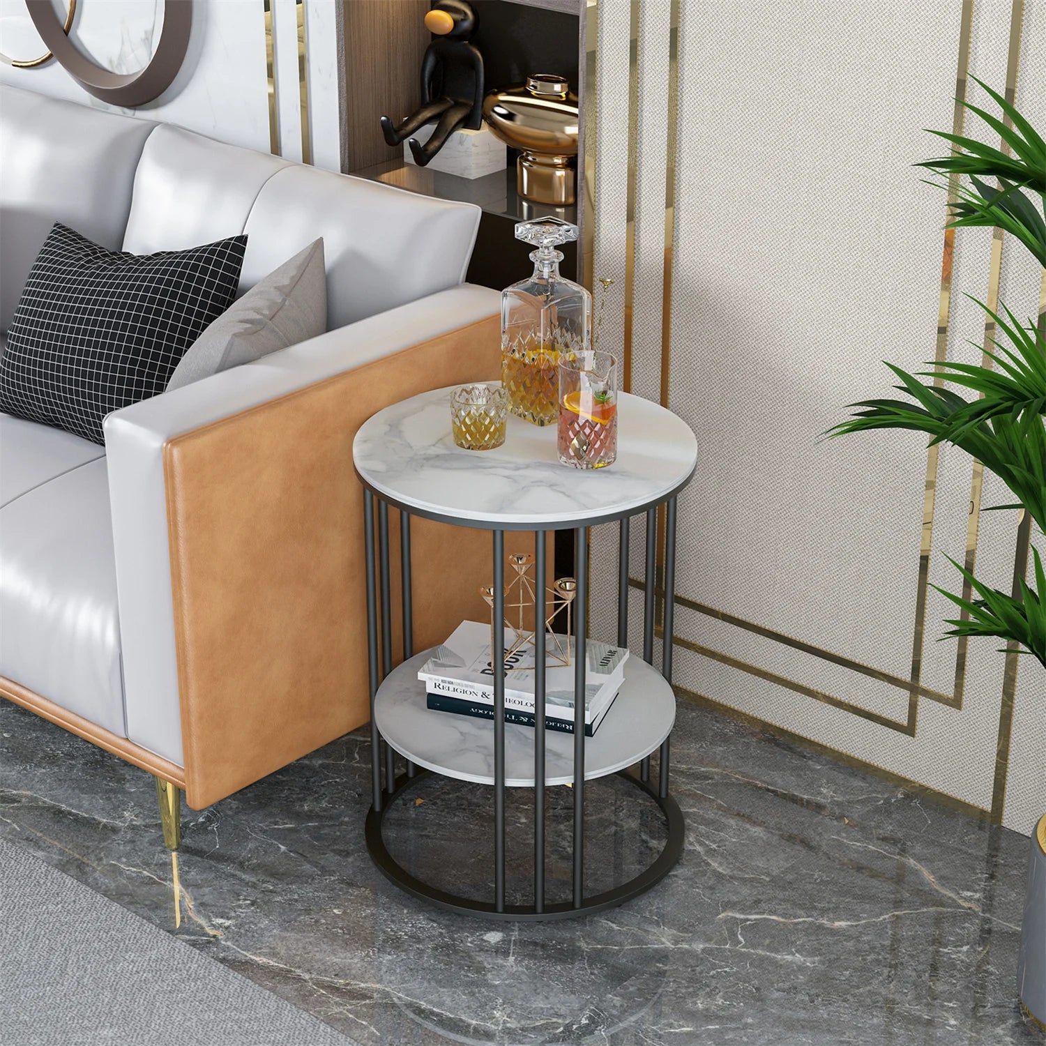 2 Tier Sintered Stone End Table round White Sofa Side Tablesmall Coffee Table with Black Frame - Modern Bedside Nightstand