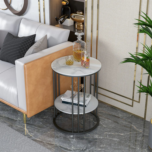 2 Tier Sintered Stone End Table round White Sofa Side Tablesmall Coffee Table with Black Frame - Modern Bedside Nightstand