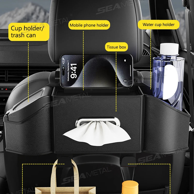 Car Back Seat Organizer Multifunctional Car Storage Box Universal Cup Holder/Trash Bin/Tissue Holder/Phone Mount/Hooks