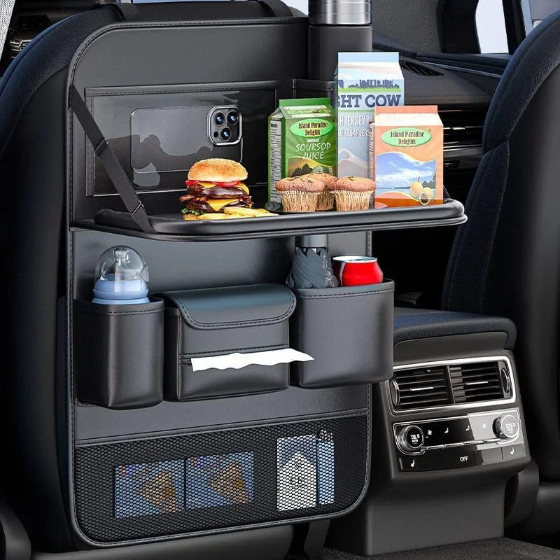 Car Seat Back Storage Bag 6-Pocket with Foldable Table Seat Back Protectors Waterproof Anti-Kick Pad for Car Essentials