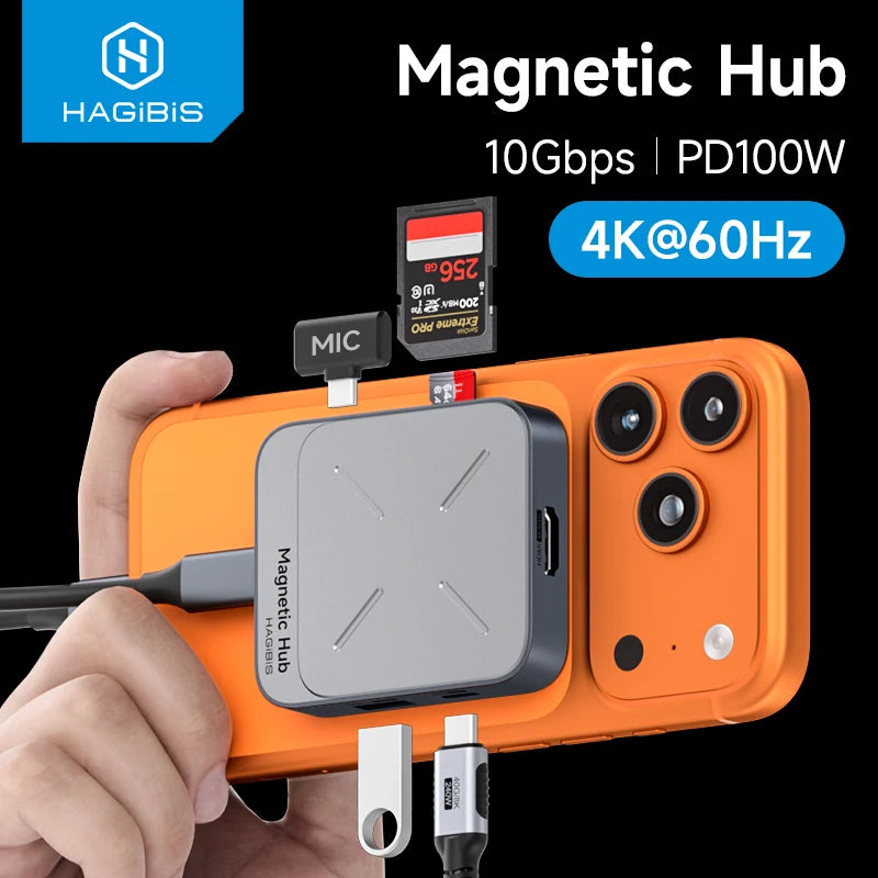 Magnetic USB C Hub Type-C Multiport Adapter Docking Station 4K HDMI 100W PD for Macbook Iphone 17/16 Pro Thunderbolt 4