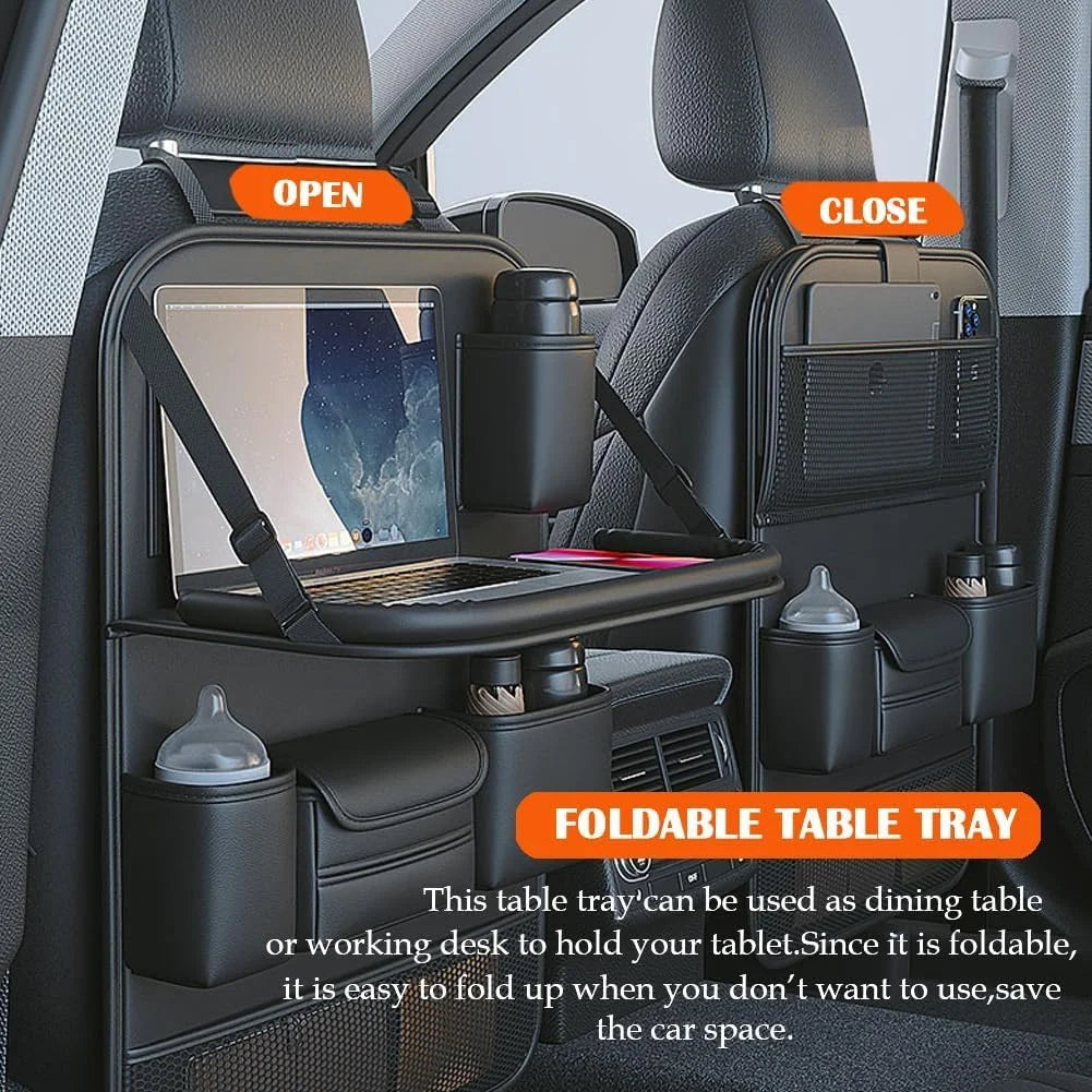 Car Seat Back Storage Bag 6-Pocket with Foldable Table Seat Back Protectors Waterproof Anti-Kick Pad for Car Essentials