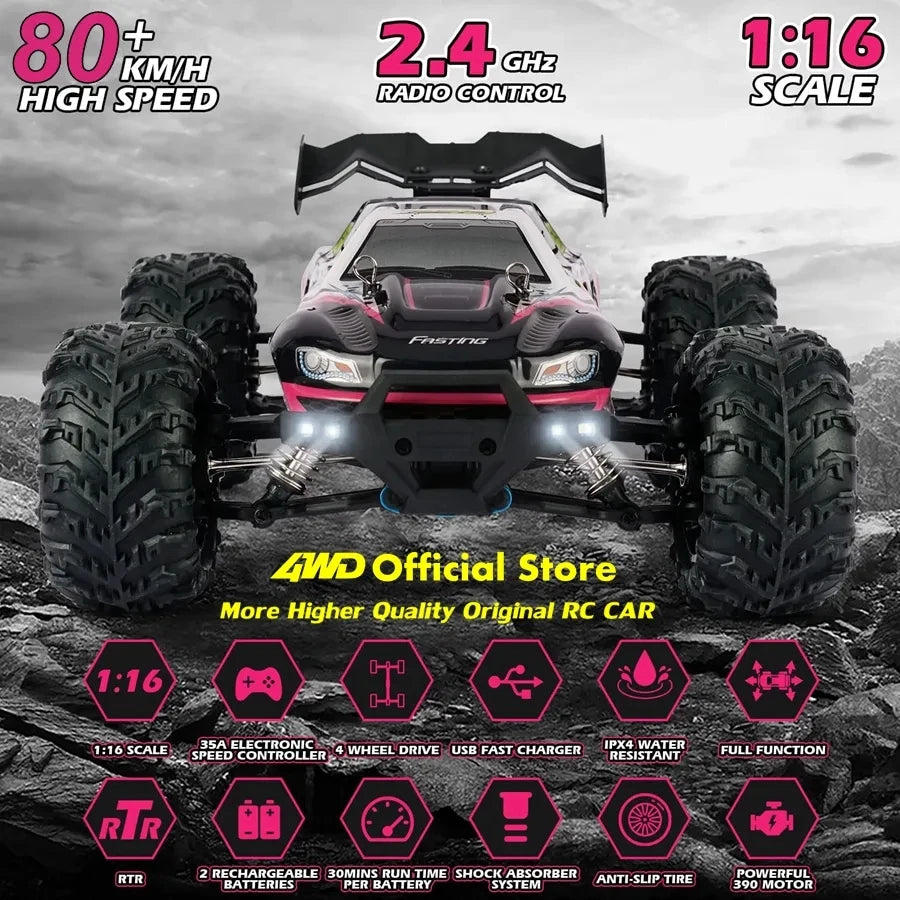 1:16 80Km/H Brushless RC Drift Car with LED Lights  Electric High Speed Racing Remote Control Monster Truck for Kids Adults
