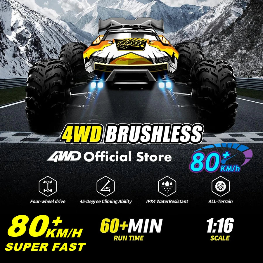 1:16 80Km/H Brushless RC Drift Car with LED Lights  Electric High Speed Racing Remote Control Monster Truck for Kids Adults