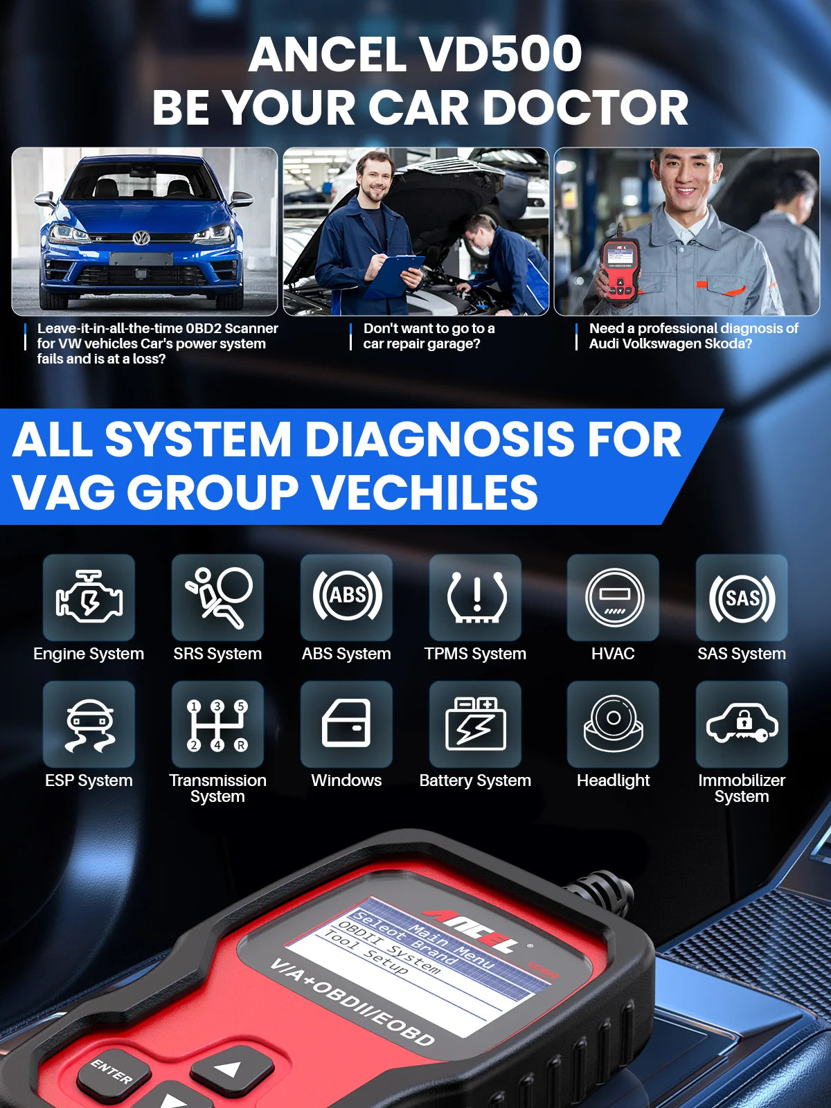 VD500 OBD2 Scanner Full System Scan ABS Oil EPB Reset OBD 2 Diagnostic Automotive Scanner Tool Car Diagnostic Tool for VW