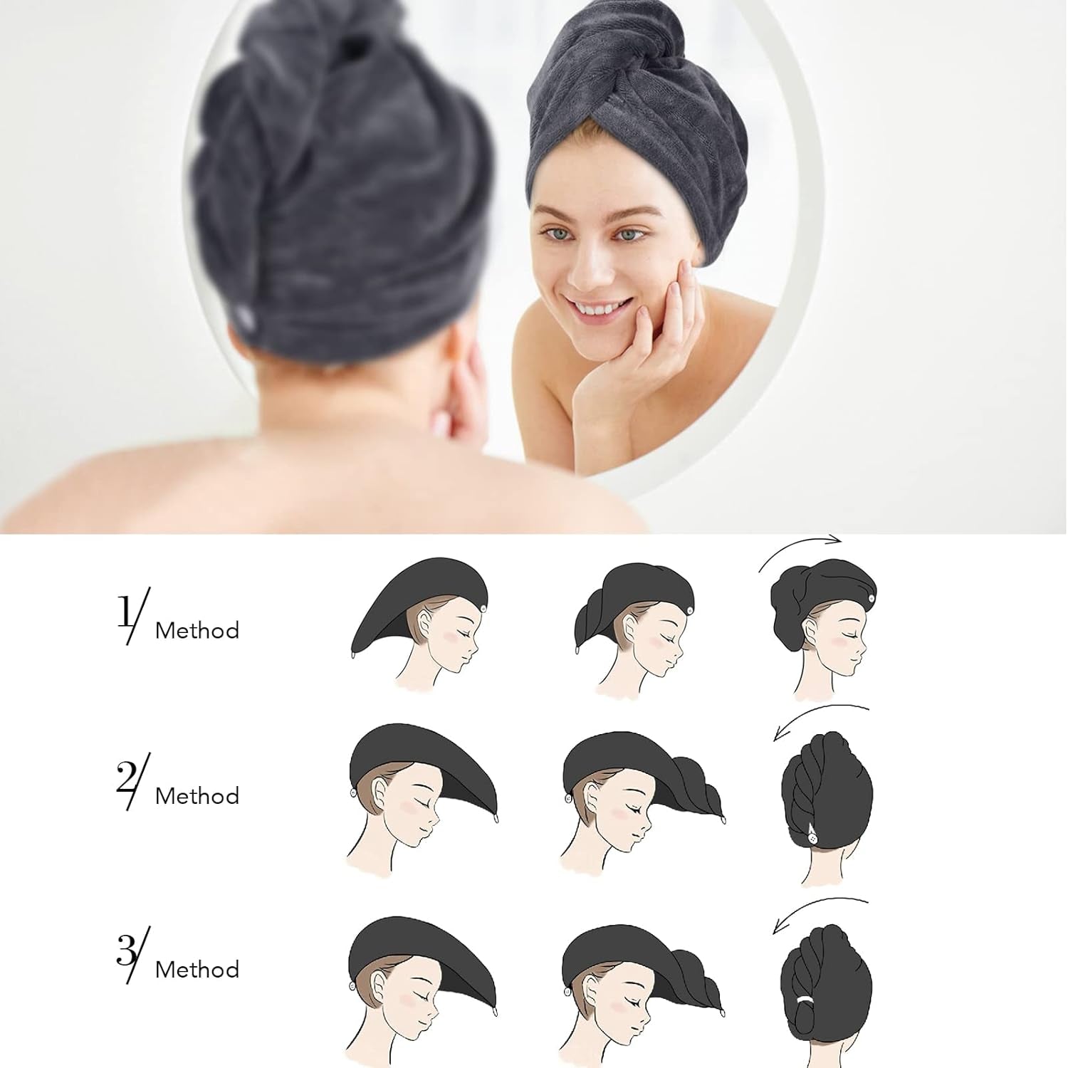 Microfiber Hair Drying Cap Hair Towel Turban Twist for Women Fast Drying Towels Head Turban Absorbent Soft Lightweight 3 Pack Grey