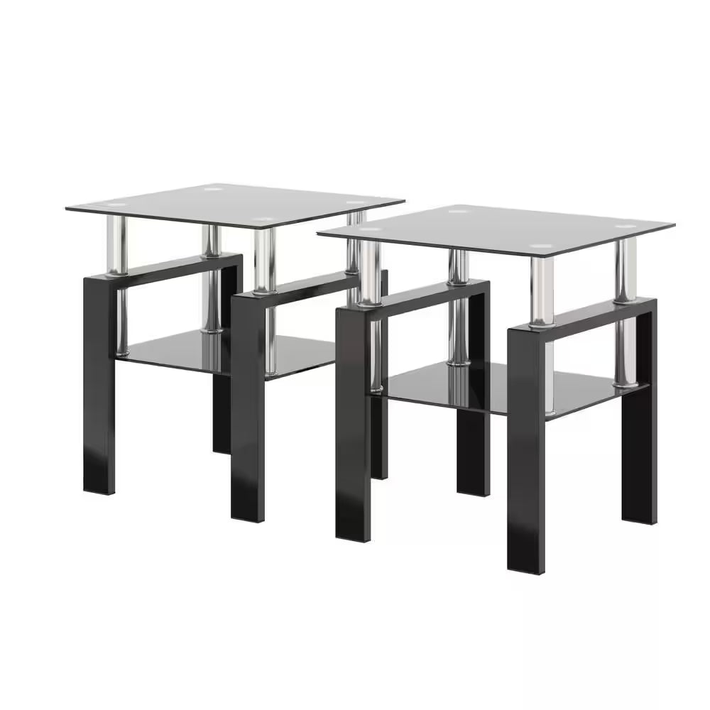 2-Piece Black Modern Tempered Glass Tea Table End Table with Black Legs for Living Room
