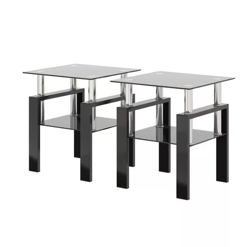 2-Piece Black Modern Tempered Glass Tea Table End Table with Black Legs for Living Room