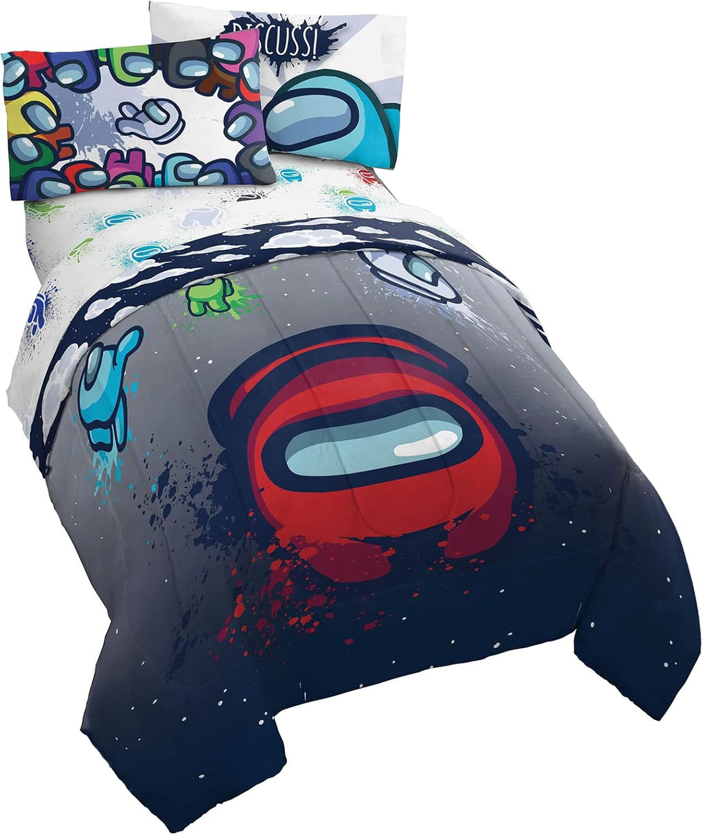 among Us Space Splatter 5 Piece Full Size Bed Set - Includes Comforter & Sheet Set - Super Soft Fade Resistant Microfiber (Official among Us Product)