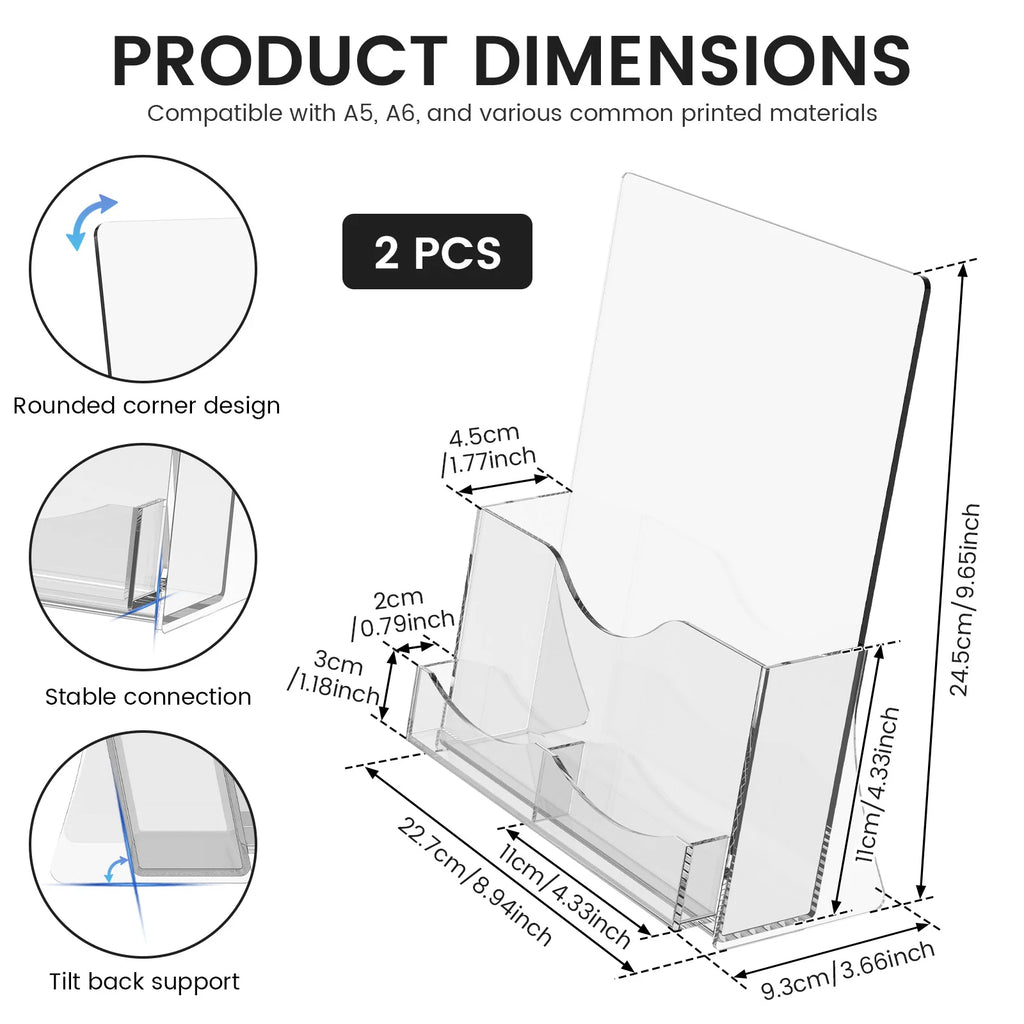 2Pcs Acrylic Brochure Holder Clear Flyer Holder Brochure Display Stand with Business Card Holder for Magazine Journals Booklets