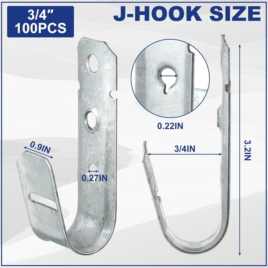 100 Pcs Heavy Duty J-Hook Cable Supports, Galvanized Steel Wall Hooks