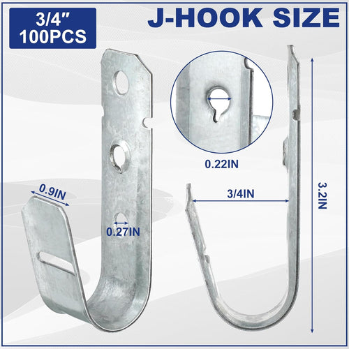 100 Pcs Heavy Duty J-Hook Cable Supports, Galvanized Steel Wall Hooks