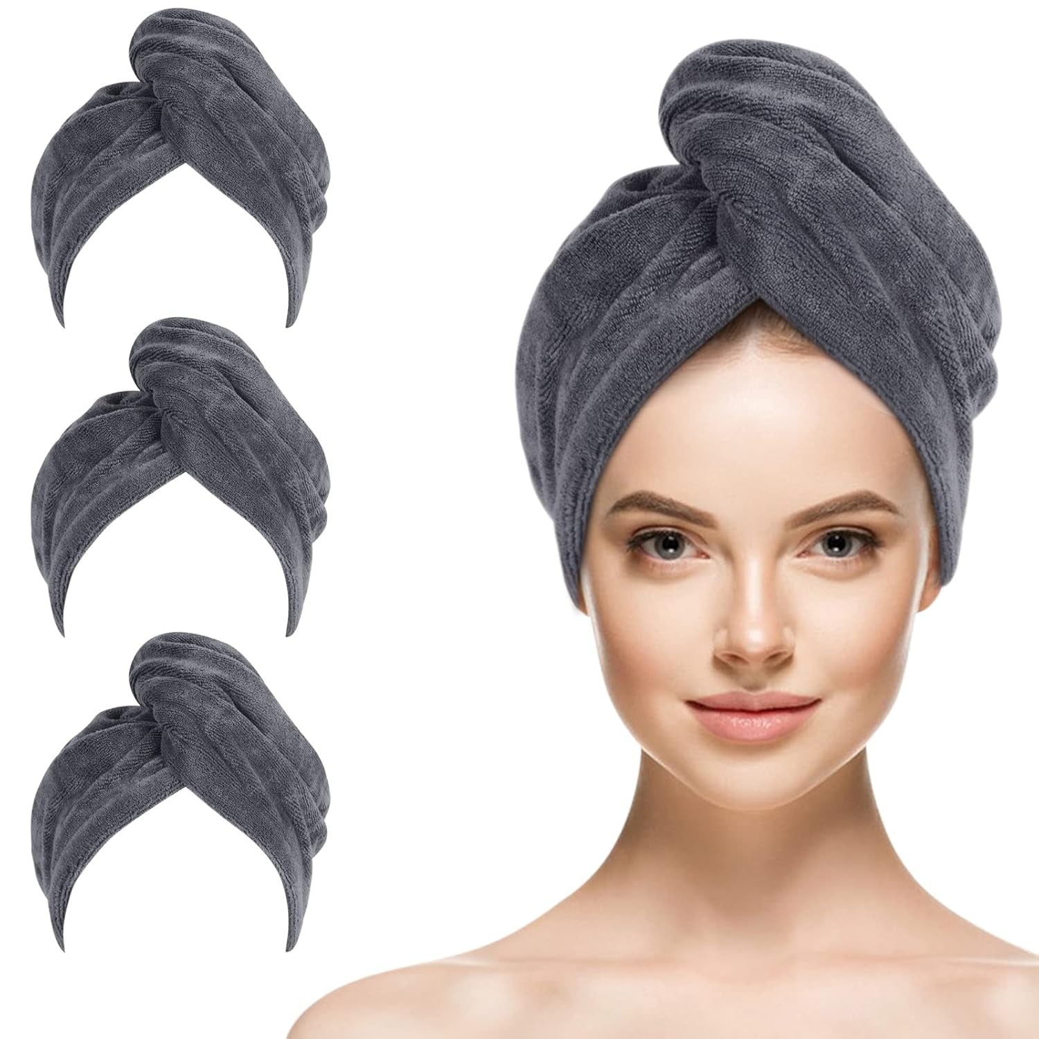 Microfiber Hair Drying Cap Hair Towel Turban Twist for Women Fast Drying Towels Head Turban Absorbent Soft Lightweight 3 Pack Grey