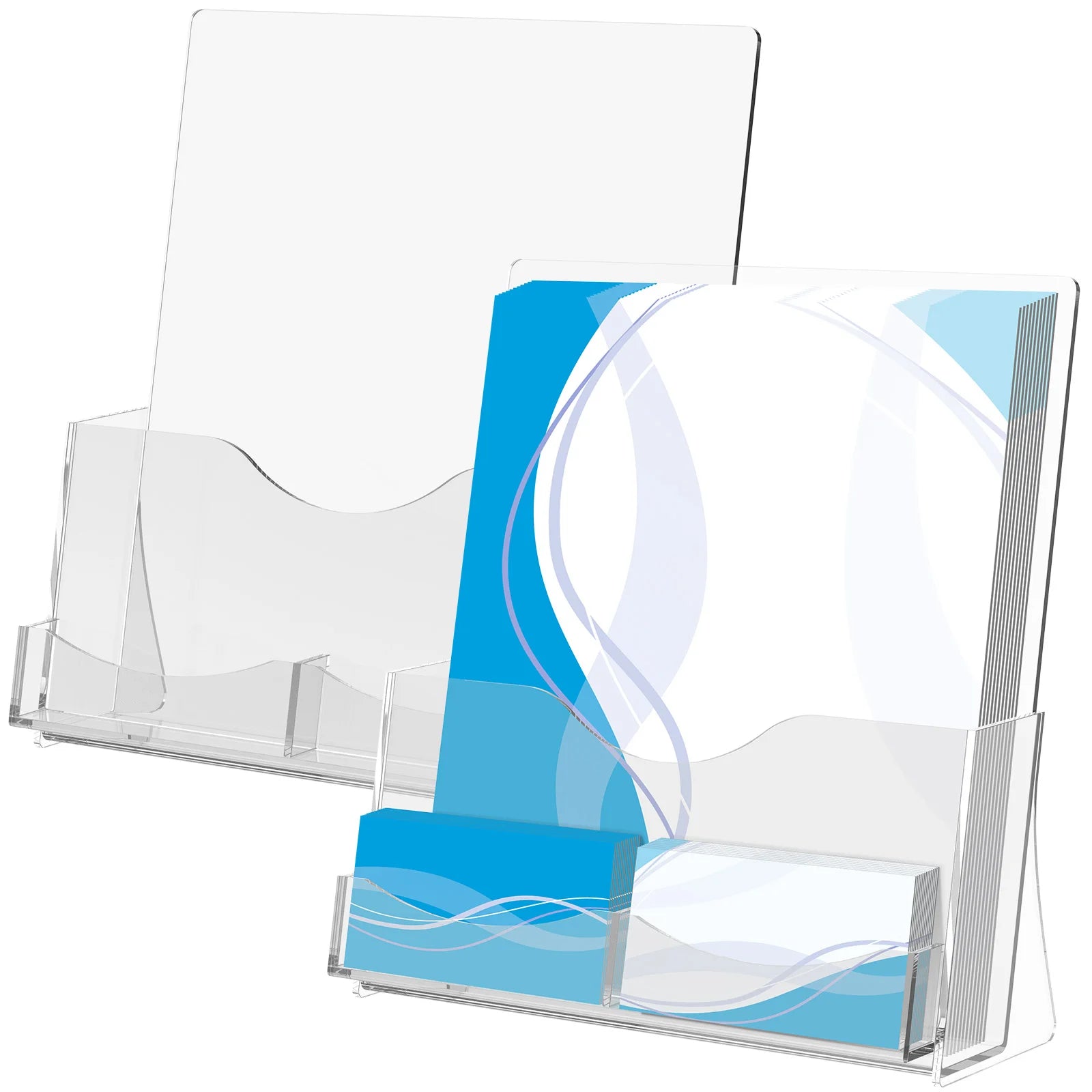 2Pcs Acrylic Brochure Holder Clear Flyer Holder Brochure Display Stand with Business Card Holder for Magazine Journals Booklets