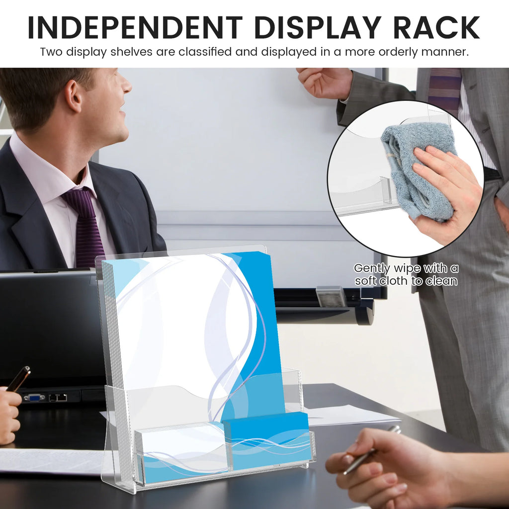 2Pcs Acrylic Brochure Holder Clear Flyer Holder Brochure Display Stand with Business Card Holder for Magazine Journals Booklets