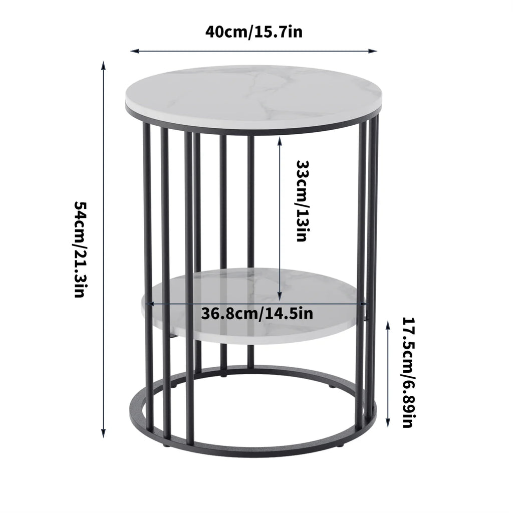 2 Tier Sintered Stone End Table round White Sofa Side Tablesmall Coffee Table with Black Frame - Modern Bedside Nightstand