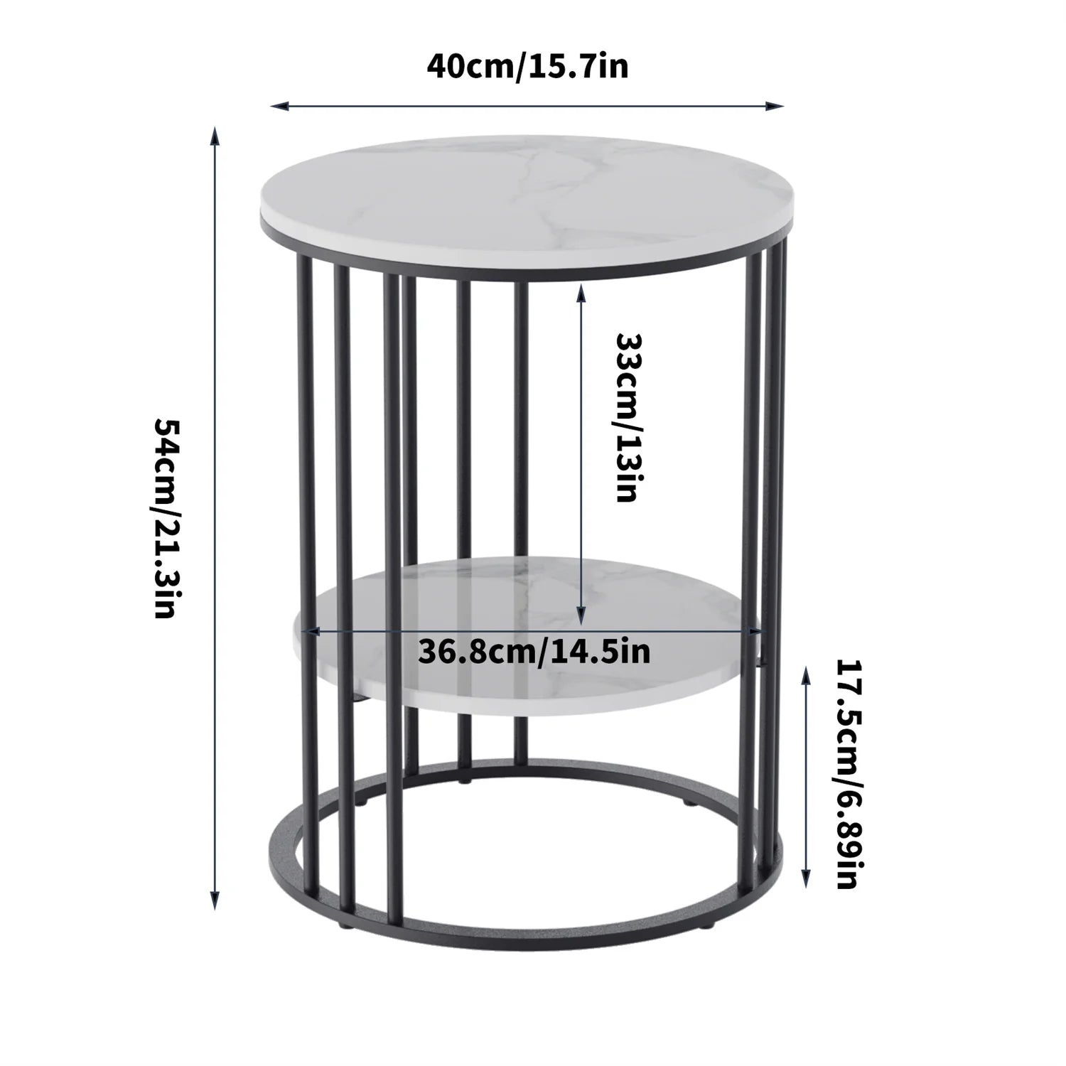 2 Tier Sintered Stone End Table round White Sofa Side Tablesmall Coffee Table with Black Frame - Modern Bedside Nightstand