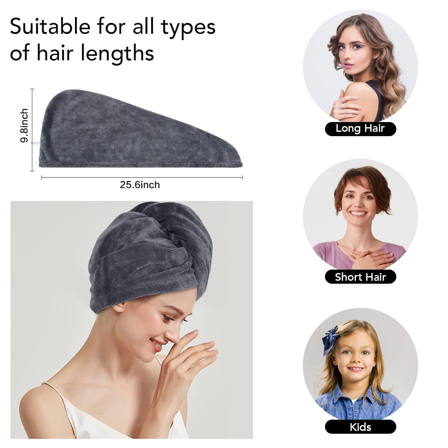 Microfiber Hair Drying Cap Hair Towel Turban Twist for Women Fast Drying Towels Head Turban Absorbent Soft Lightweight 3 Pack Grey
